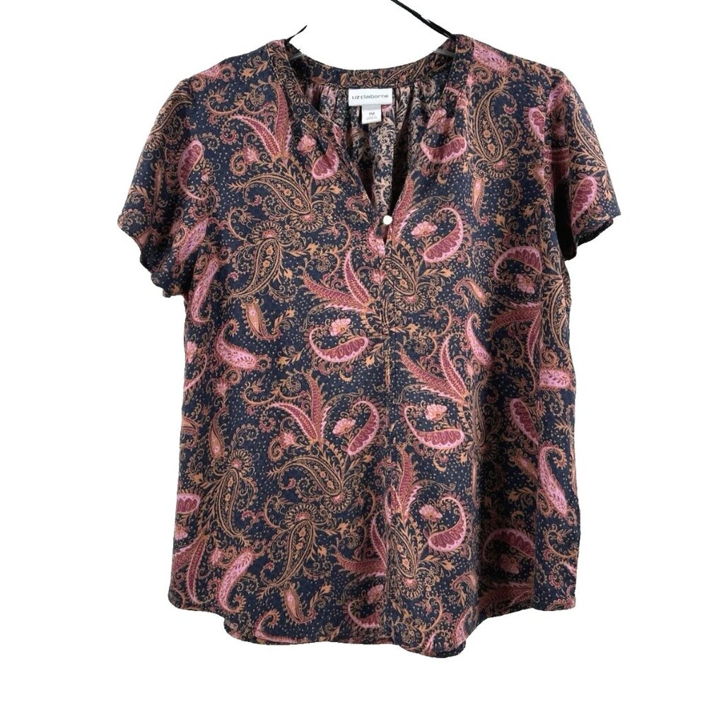 Liz Claiborne Petite Women's Top Navy Blue Pink Fushia Short Sleeve Size PM